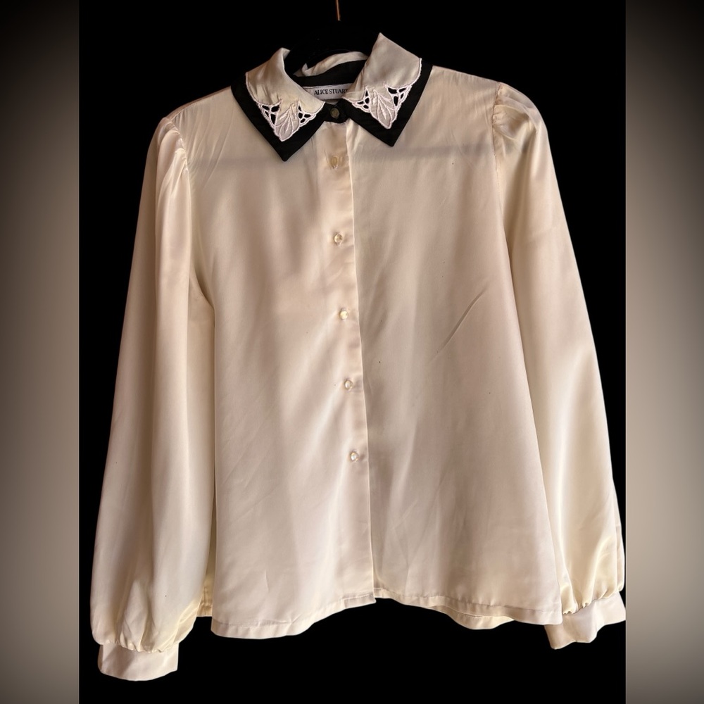 Silk-Like Cream Blouse with Black Contrast Collar